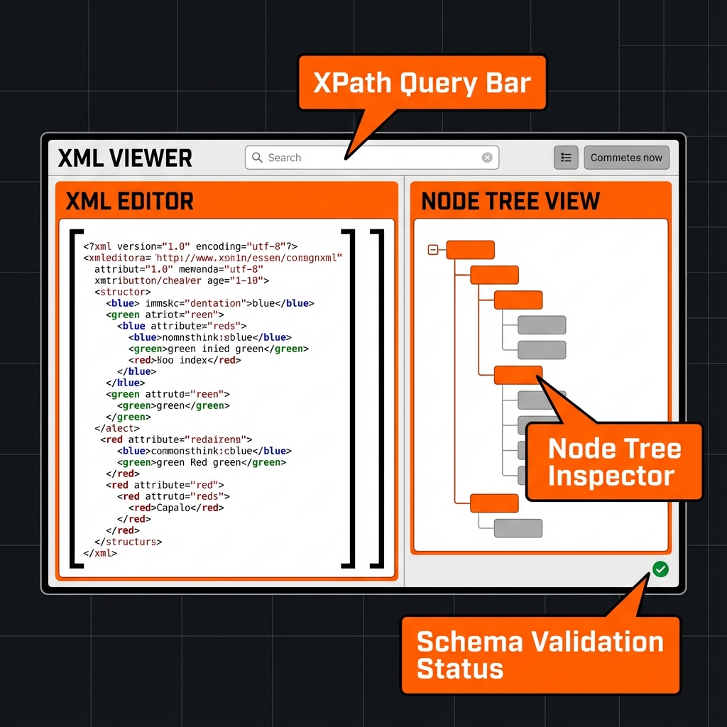Technical interface of XML Viewer with feature annotations and interactive controls